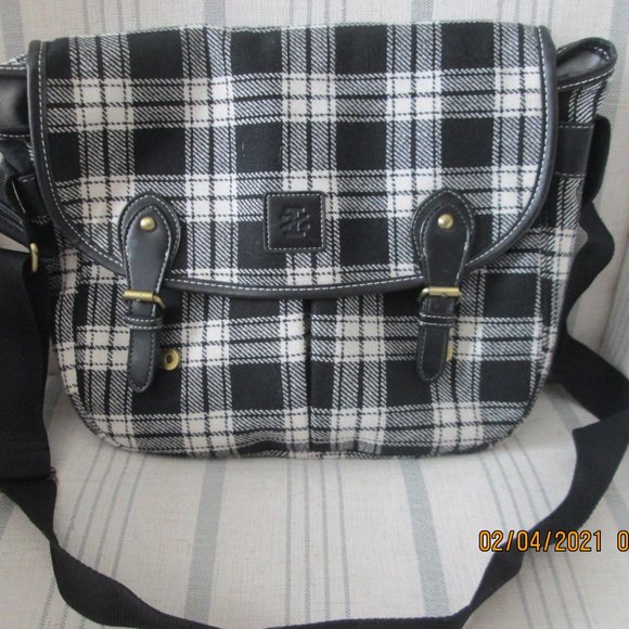 Izod Handbags - 'IZOD' Large Satchel Vegan Black& White Plaid Textile